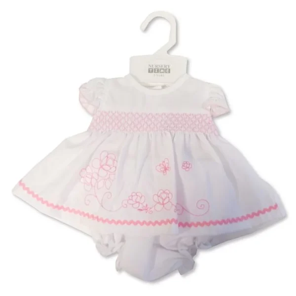 Premature White Dress With Pink Flower Embroidery