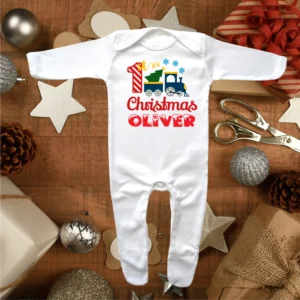 1st Christmas Blue Train Envelope Neck Sleepsuit