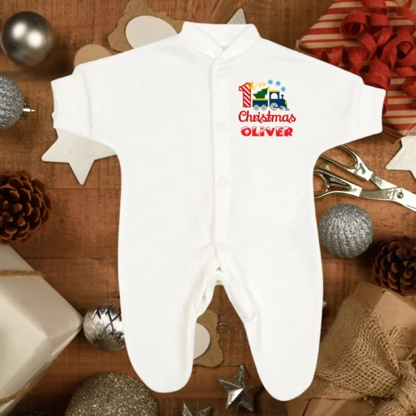 1st Christmas Blue Train Micro Premature Sleepsuit