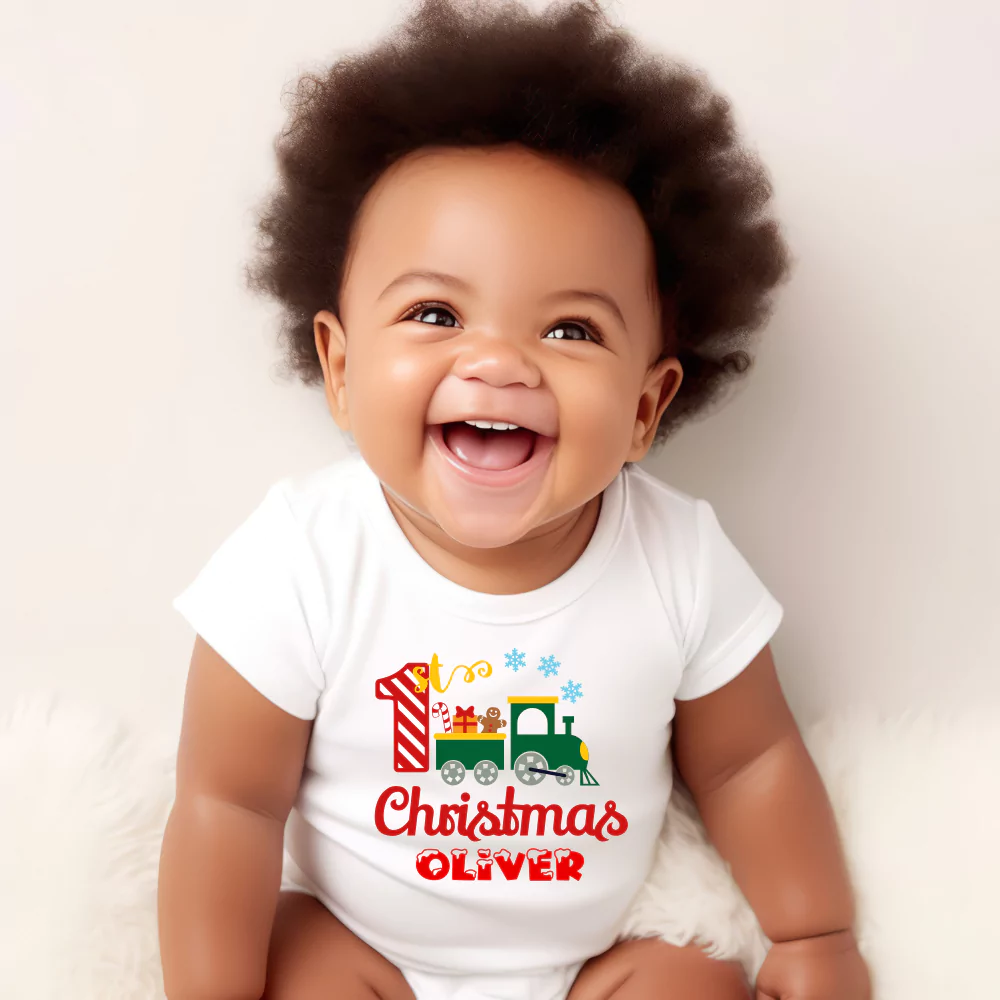 1st Christmas Green Train Baby Vest