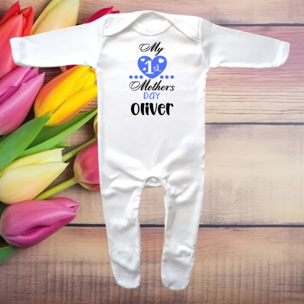 My 1st Mothers Day Blue Heart Envelope Neck Sleepsuit