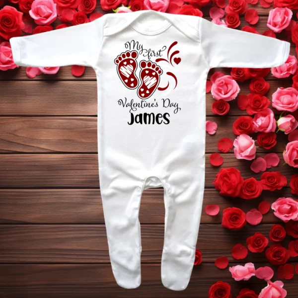 My First Valentines Day Baby Feet Envelope Neck Sleepsuit