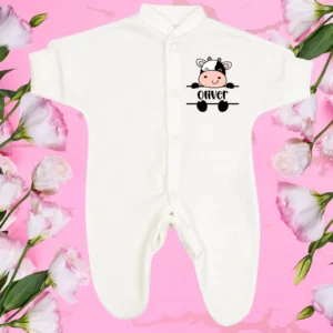 Personalised Micro Prem Cute Boy Cow Sleepsuit