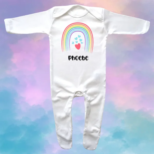 Personalised Rainbow Hearts Envelope Neck Sleepsuit