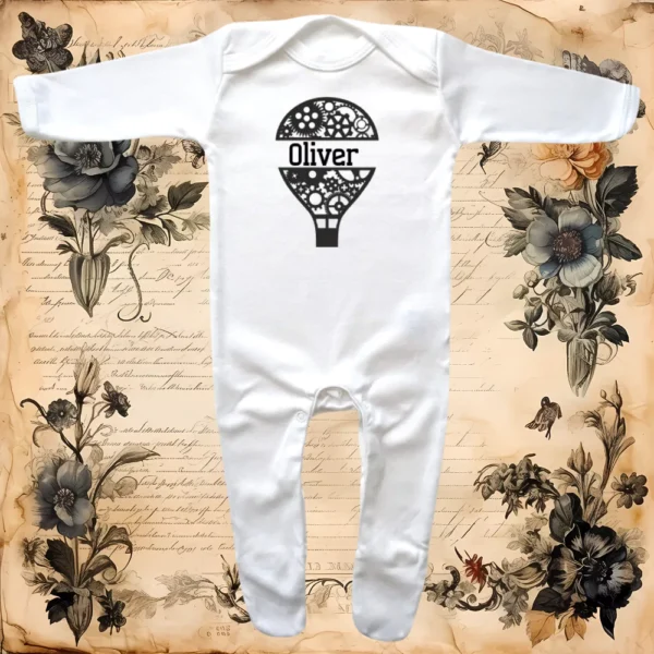 Personalised Steampunk Hot Air Balloon Envelope Neck Sleepsuit