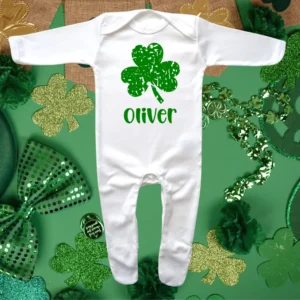 St Patricks Day Distressed Clover Envelope Neck Sleepsuit