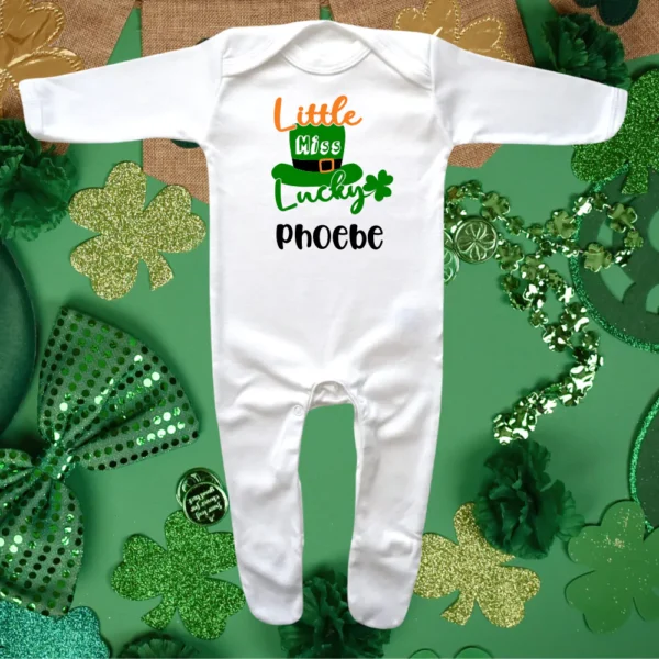 St Patricks Day Little Miss Lucky Envelope Neck Sleepsuit