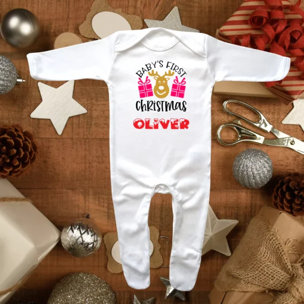 Baby's First Christmas Reindeer & Presents Envelope Neck Sleepsuit