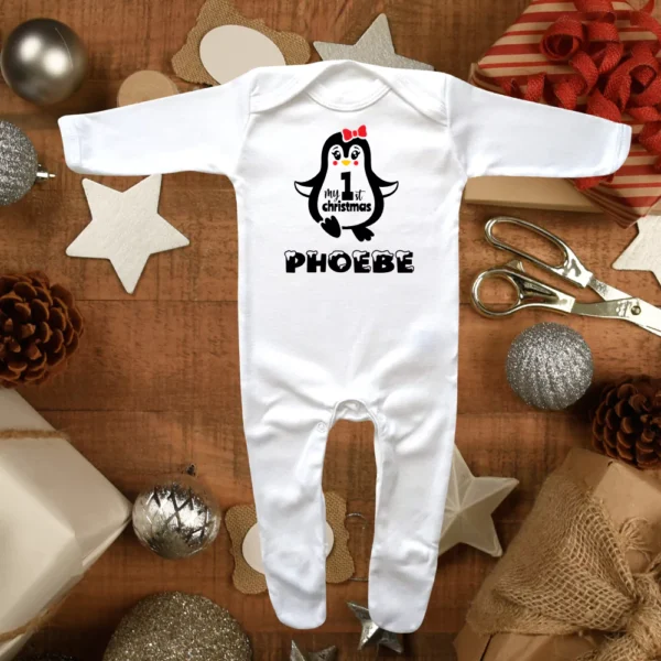 My 1st Christmas Baby Penguin Girl Envelope Neck Sleepsuit