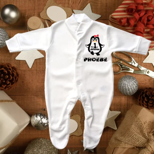 My 1st Christmas Baby Penguin Girl Sleepsuit