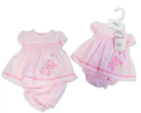 Premature Pink Baby Dress with Flowers Embroidery