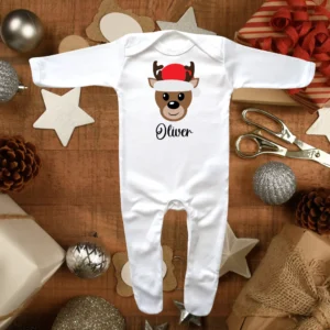 Personalised Cute Baby Boy Reindeer Envelope Neck Sleepsuit