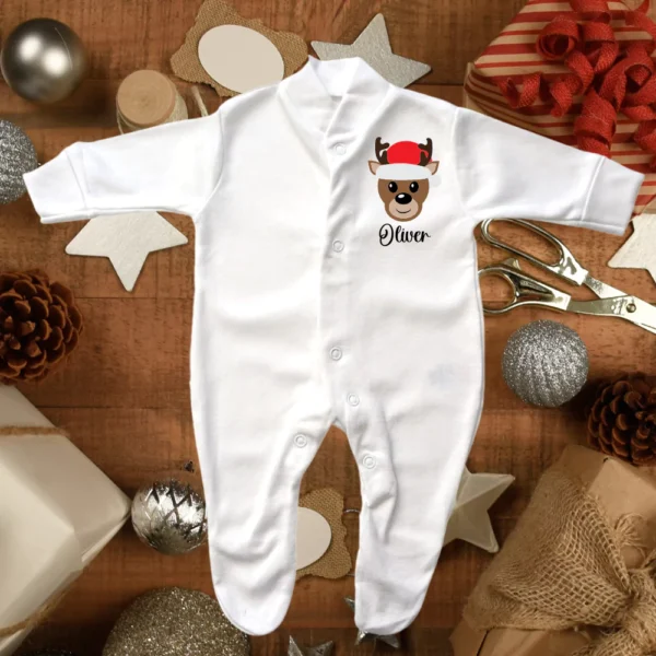 Personalised Cute Baby Boy Reindeer Sleepsuit