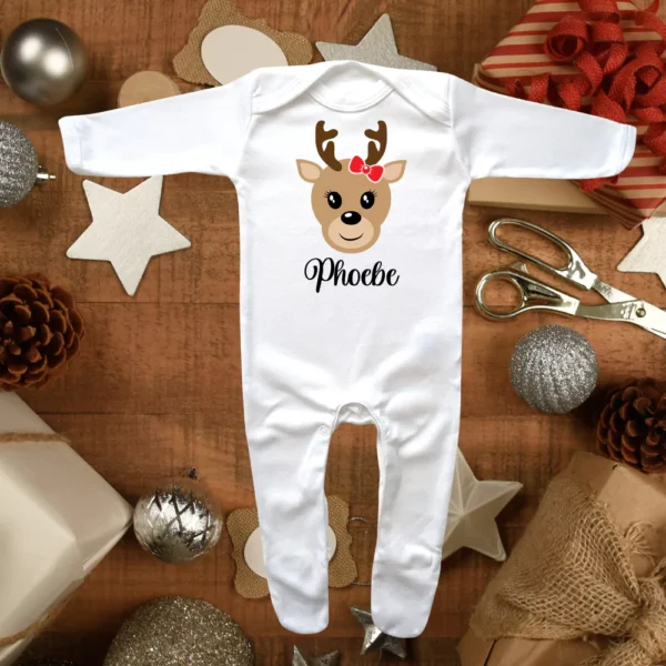 Personalised Cute Baby Girl Reindeer Envelope Neck Sleepsuit