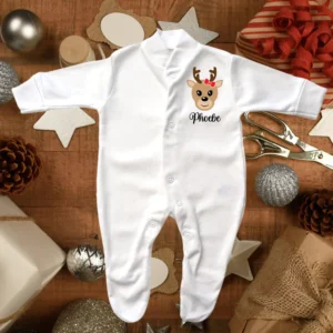 Personalised Cute Baby Girl Reindeer Sleepsuit