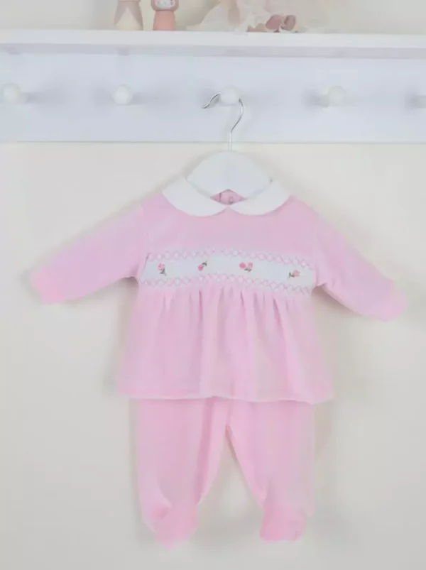 Premature Baby Girl Pink Velour, Smocked Roses Outfit (3-5lb) - Image 2