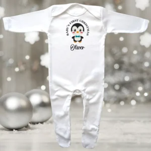 Baby's First Christmas Boy Penguin Envelope Neck Sleepsuit