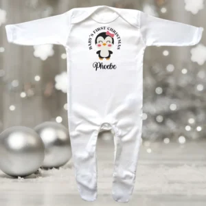 Baby's First Christmas Girl Penguin Envelope Neck Sleepsuit